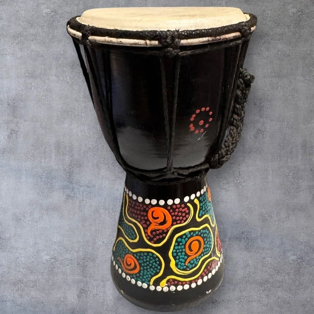 Mini Djembe Drum 8" Wood Hand Made Painted Black Tribal Dot Art Boho Percussion - Picture 2 of 11
